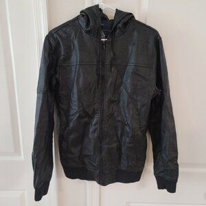 American Rag Men's Faux Leather Hooded Bomber Jacket Black Zip Up Size Small